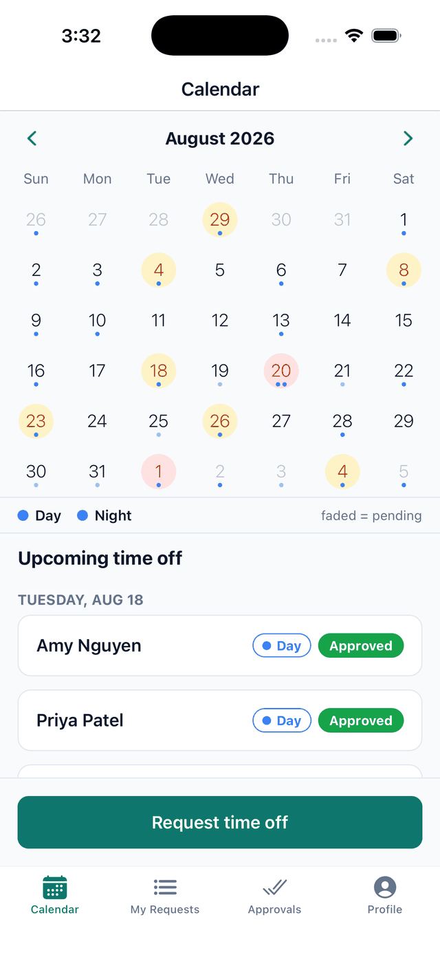 The floor calendar: Who is off, which shift, and which days are already busy.